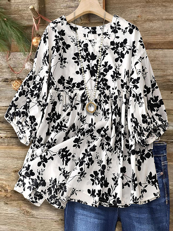 Black and White Floral Versatile Casual Blouse