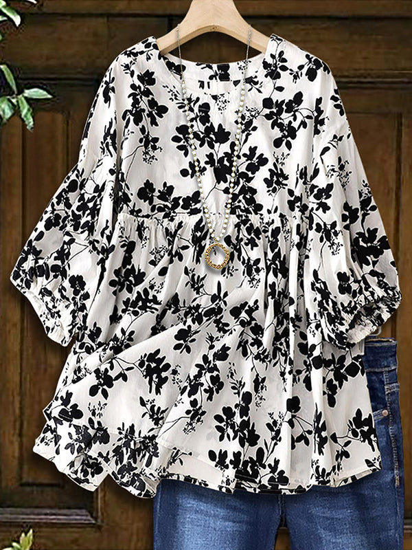 Black and White Floral Versatile Casual Blouse