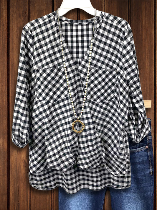 Classic Black Snd White Plaid Casual Blouse