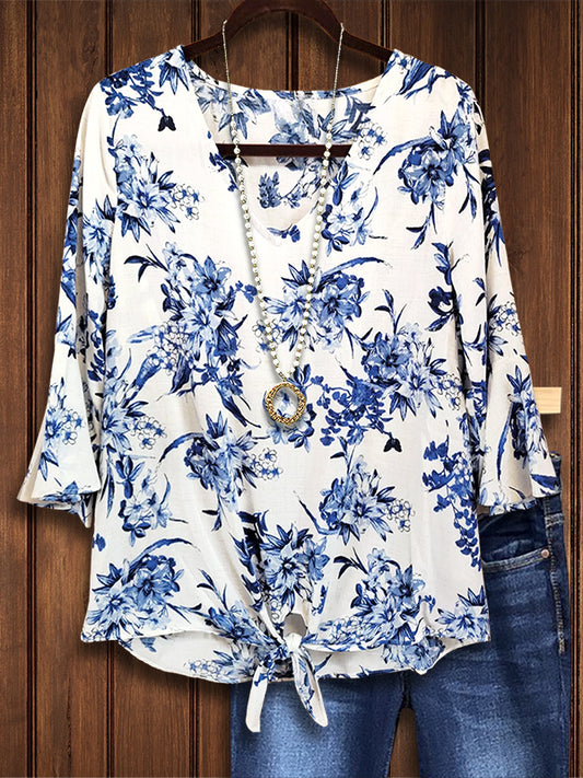 Retro Blue Floral Ruffle Blouse