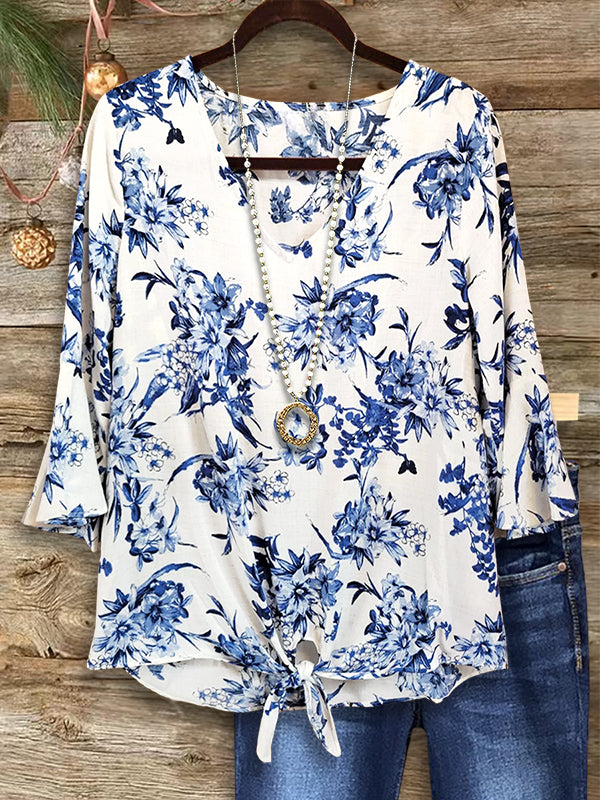 Retro Blue Floral Ruffle Blouse