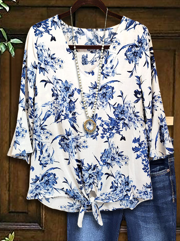 Retro Blue Floral Ruffle Blouse