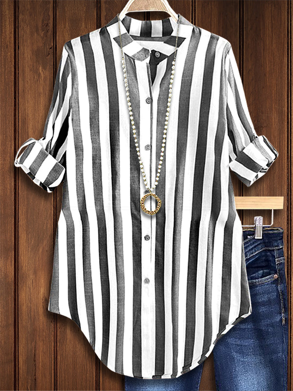 Striped Print Mid-Length Fashionable Blouse