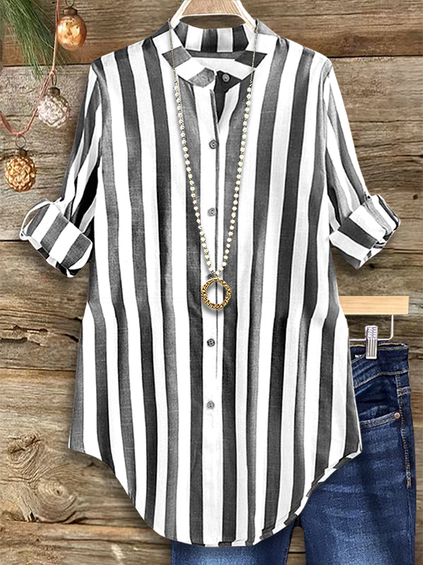 Striped Print Mid-Length Fashionable Blouse