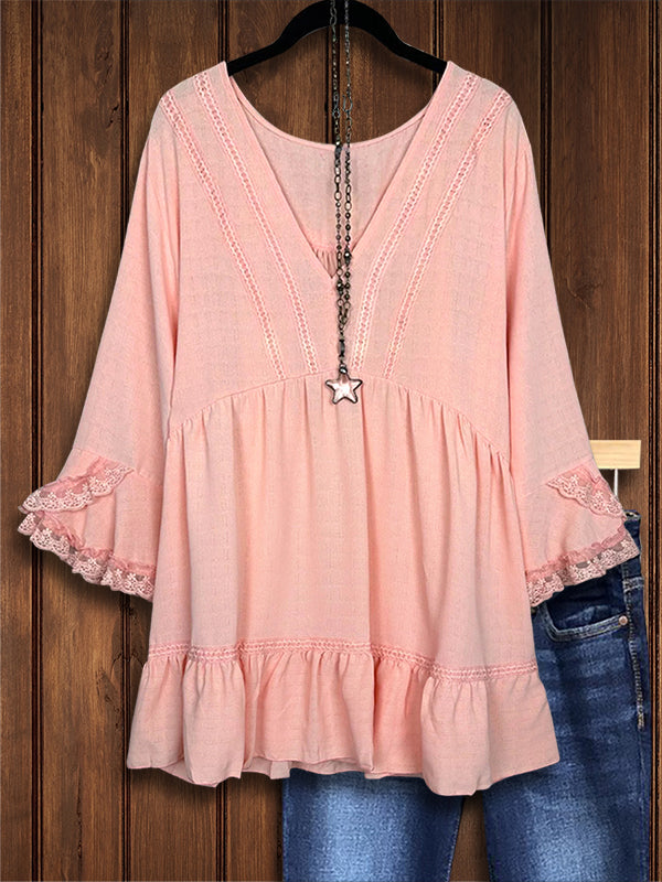 Solid Color Lace Casual Blouse