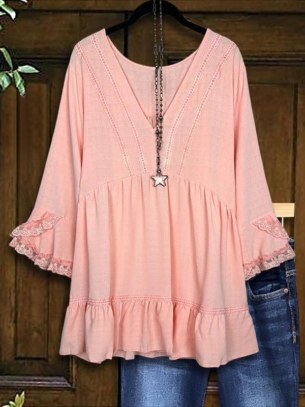 Solid Color Lace Casual Blouse