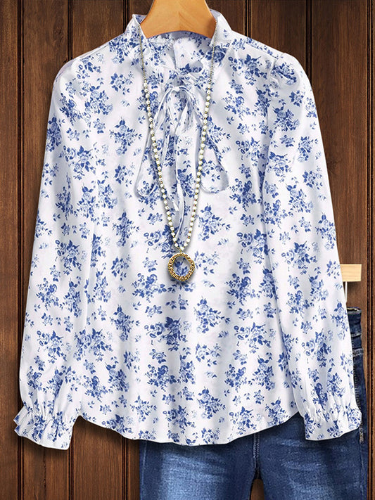 Classic Floral Print Ruffled Blouse