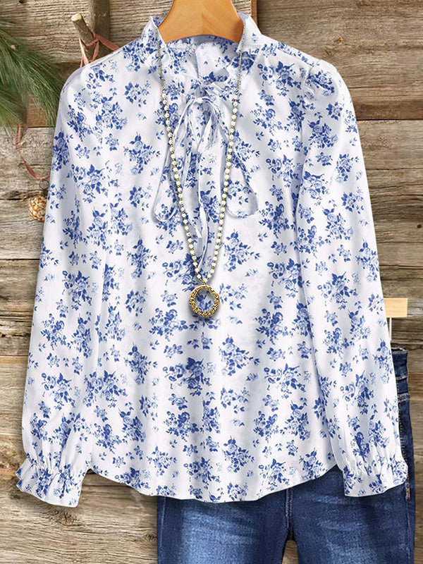 Classic Floral Print Ruffled Blouse