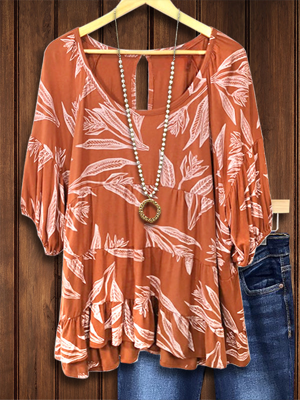 Leaf Print Puff Sleeve Blouse