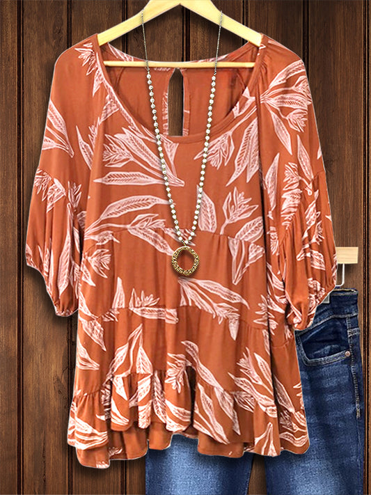 Leaf Print Puff Sleeve Blouse