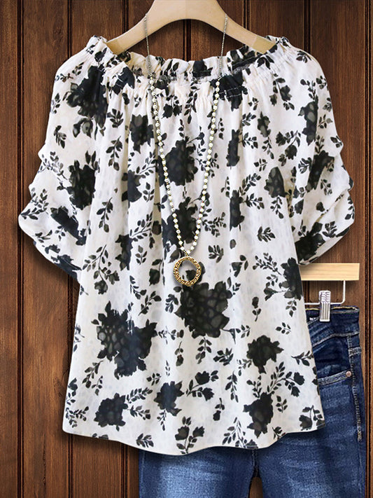 Classic Black And White Floral Ruffled Blouse