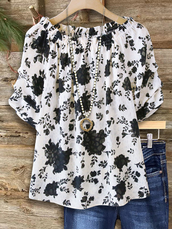 Classic Black And White Floral Ruffled Blouse