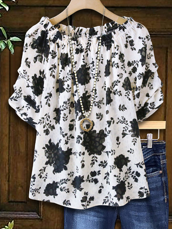 Classic Black And White Floral Ruffled Blouse