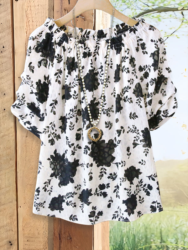 Classic Black And White Floral Ruffled Blouse