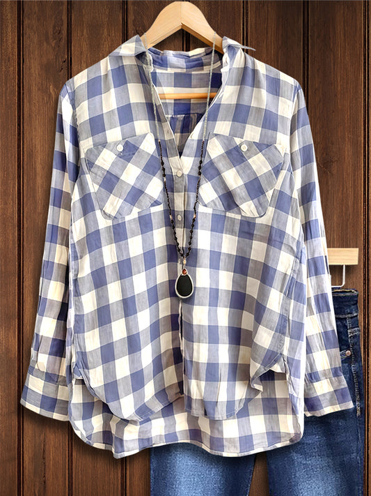 Classic Plaid Patch Pocket Blouse