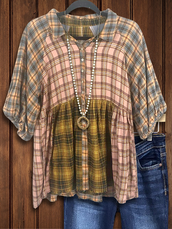 Plaid Patchwork Casual Blouse