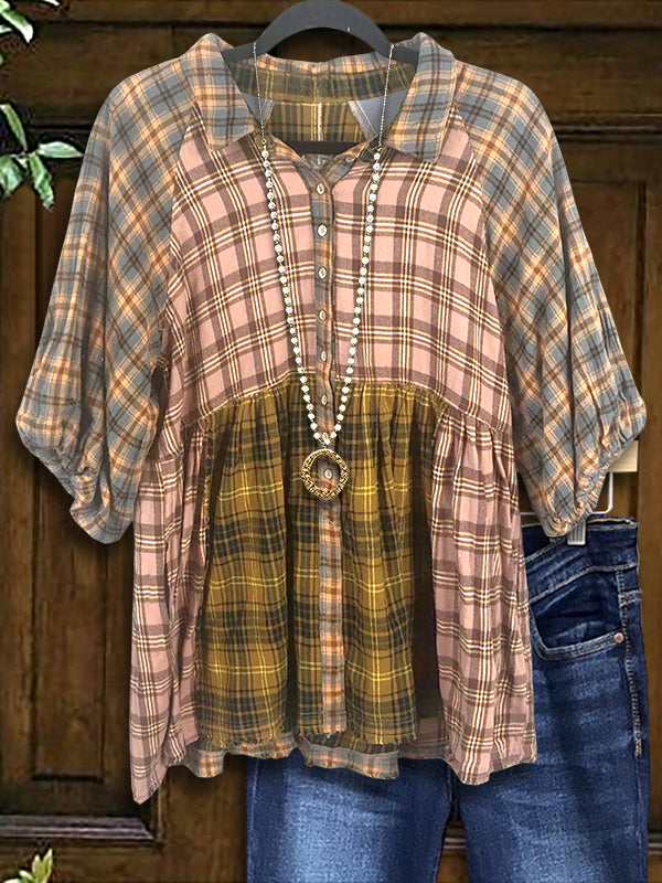 Plaid Patchwork Casual Blouse