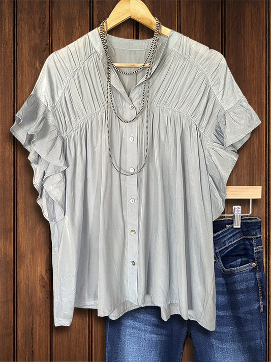 Solid Pleated Ruffled Blouse