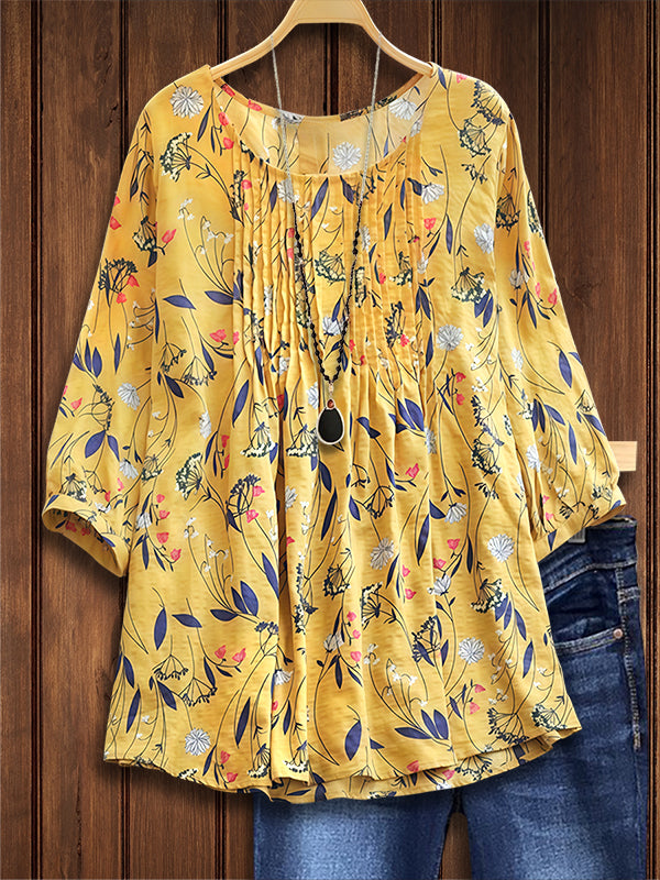 Natural Floral Print Pleated Blouse