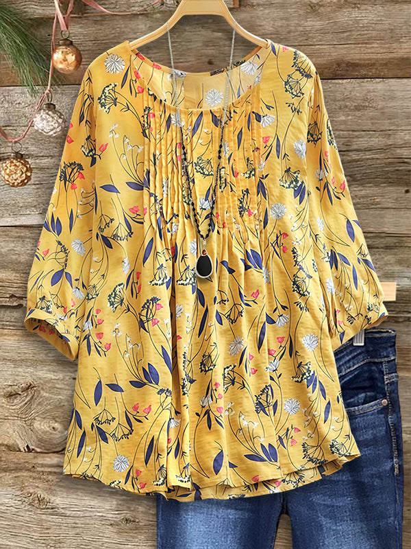 Natural Floral Print Pleated Blouse