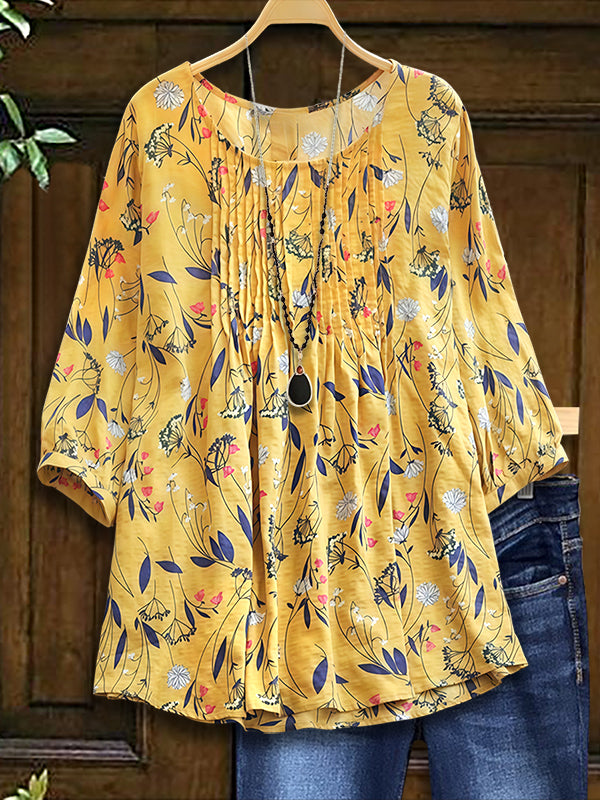 Natural Floral Print Pleated Blouse