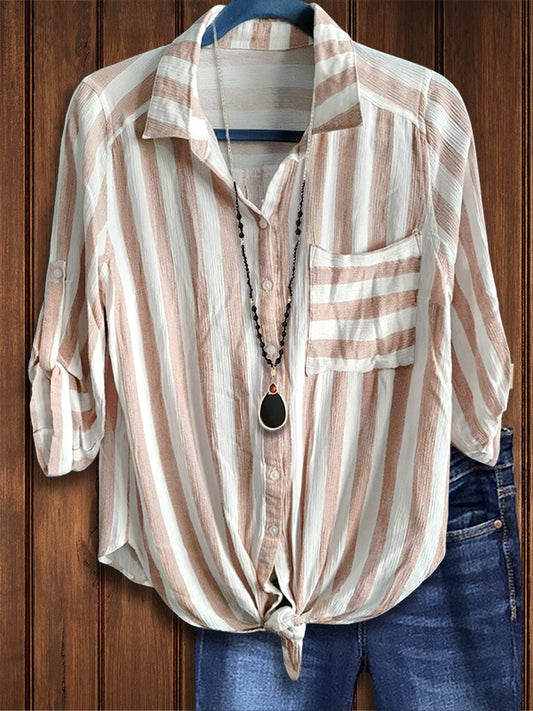 Striped Print Lace-Up Casual Blouse