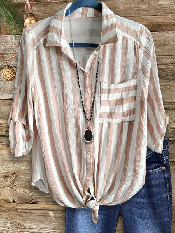 Striped Print Lace-Up Casual Blouse