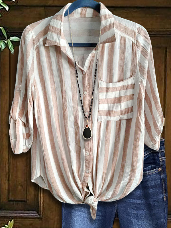 Striped Print Lace-Up Casual Blouse