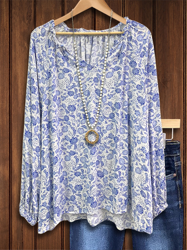 Classic Blue And White Floral Casual Blouse