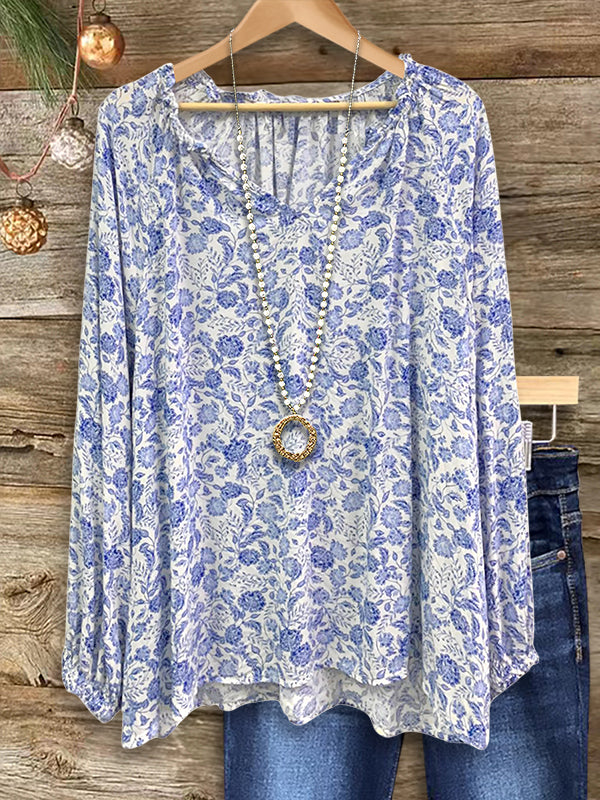 Classic Blue And White Floral Casual Blouse