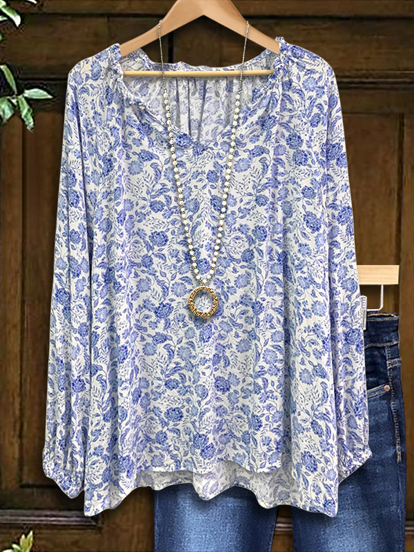 Classic Blue And White Floral Casual Blouse