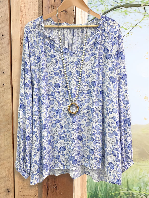 Classic Blue And White Floral Casual Blouse