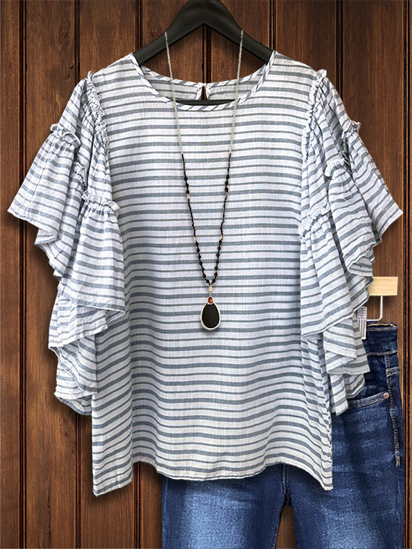 Striped Print Ruffled Casual Blouse