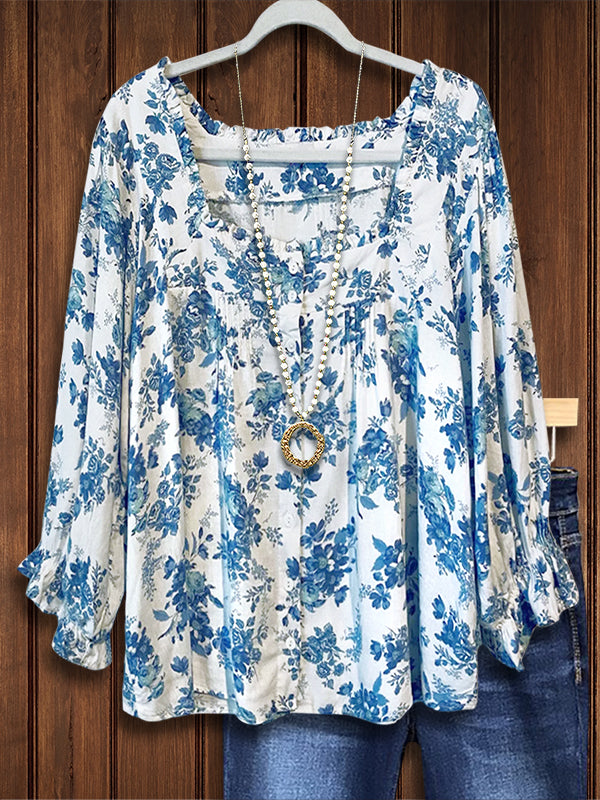 Fresh Blue Floral Print Ruffled Blouse