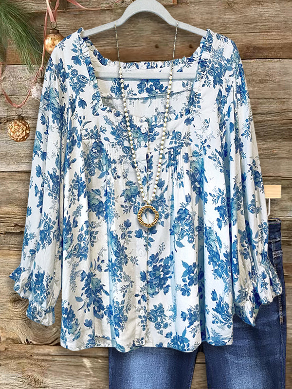 Fresh Blue Floral Print Ruffled Blouse