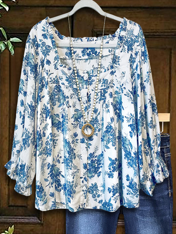 Fresh Blue Floral Print Ruffled Blouse