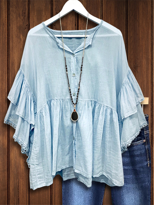 Solid Color Ruffled Casual Blouse