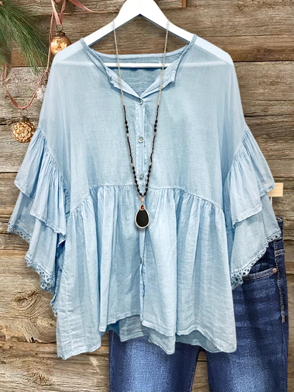 Solid Color Ruffled Casual Blouse