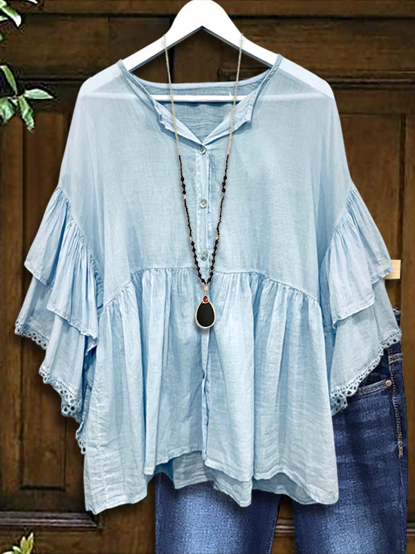 Solid Color Ruffled Casual Blouse