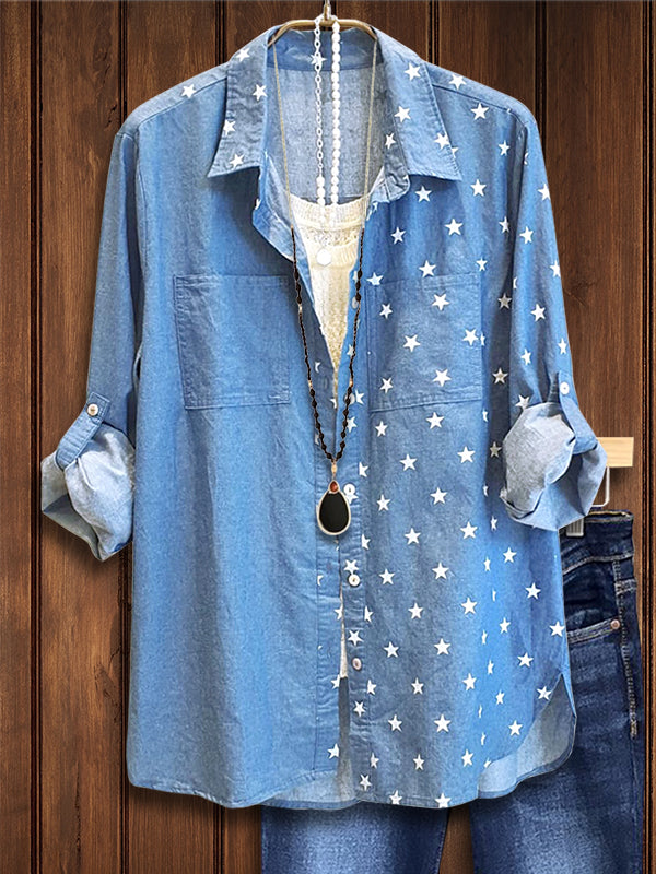 Star Print Patchwork Denim Blouse