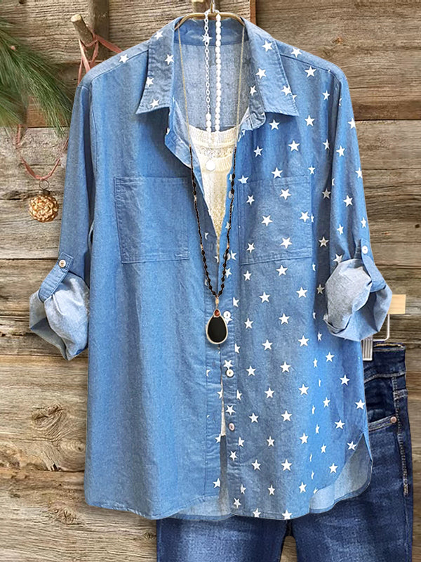 Star Print Patchwork Denim Blouse