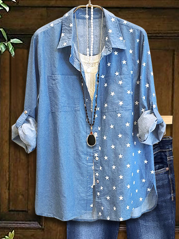 Star Print Patchwork Denim Blouse