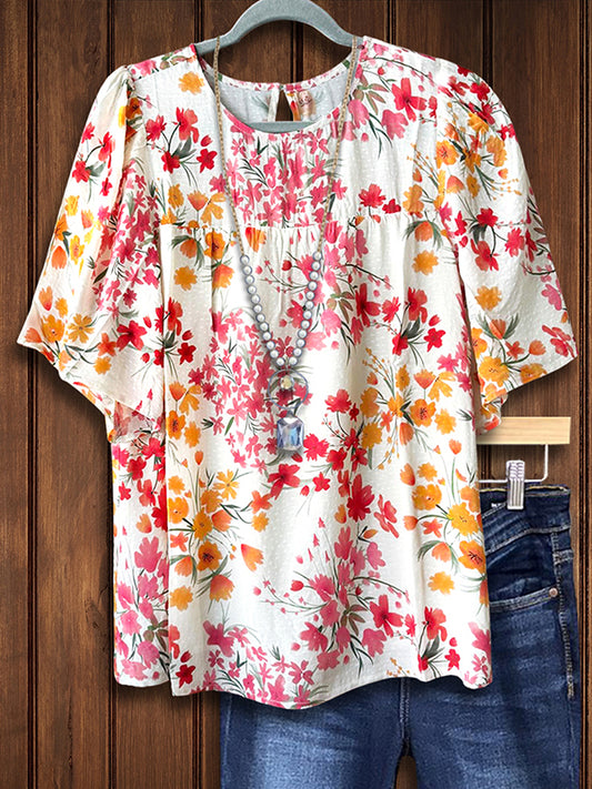 Colorful Natural Floral Casual Blouse