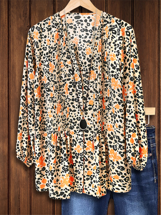 Leopard Floral Print Pressed Blouse