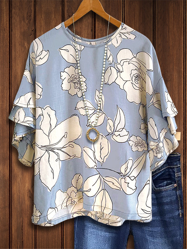 line Floral Print Ruffled Blouse