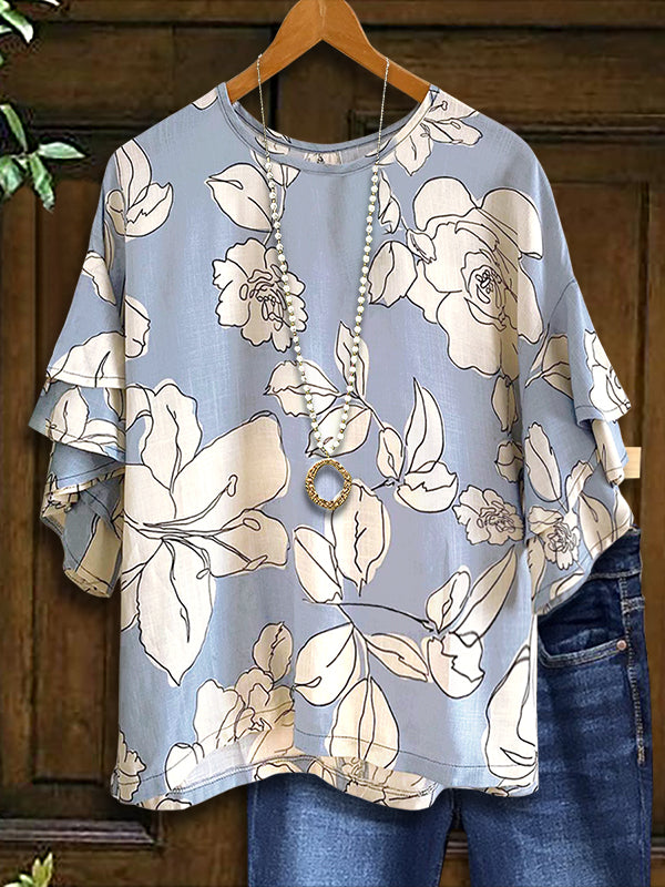 line Floral Print Ruffled Blouse