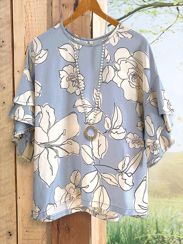 line Floral Print Ruffled Blouse