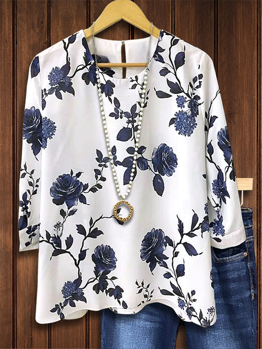 Classic Blue Floral Print Casual Blouse