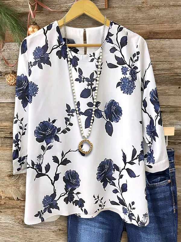 Classic Blue Floral Print Casual Blouse