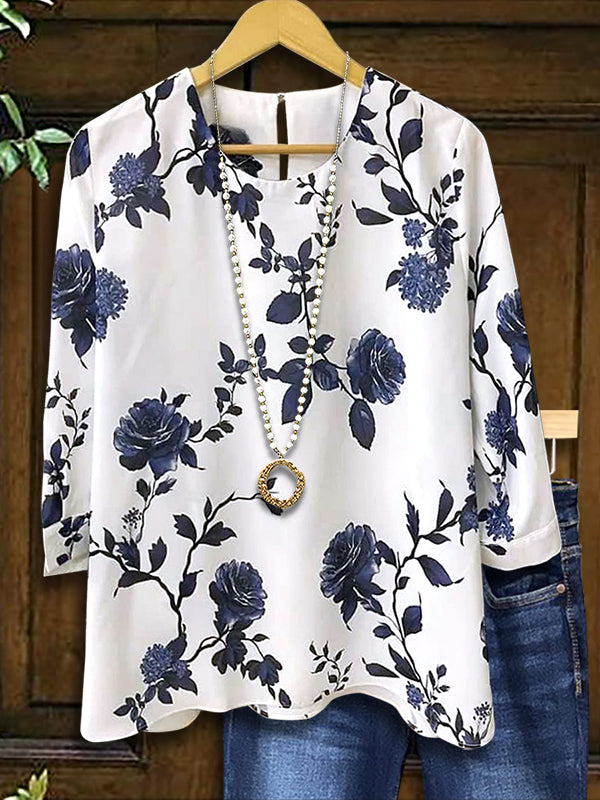 Classic Blue Floral Print Casual Blouse